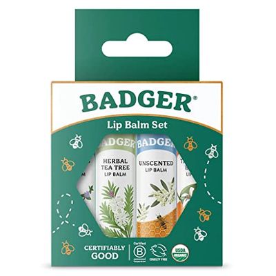 Badger - Classic Lip Balm Green Box, Made with Organic Olive Oil, Beeswax &amp; Rosemary, Natural Lip Balm Variety Pack, Certified Organic, Moisturizing Lip Balm, 0.15 oz each - 4 pack