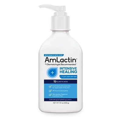 AmLactin Intensive Healing Body Lotion for Dry Skin, 14.1 oz Pump Bottle, 2-in-1 Exfoliator &amp; Moisturizer with Ceramides &amp; 15% Lactic Acid for Relief from Dry Skin (Packaging May Vary)