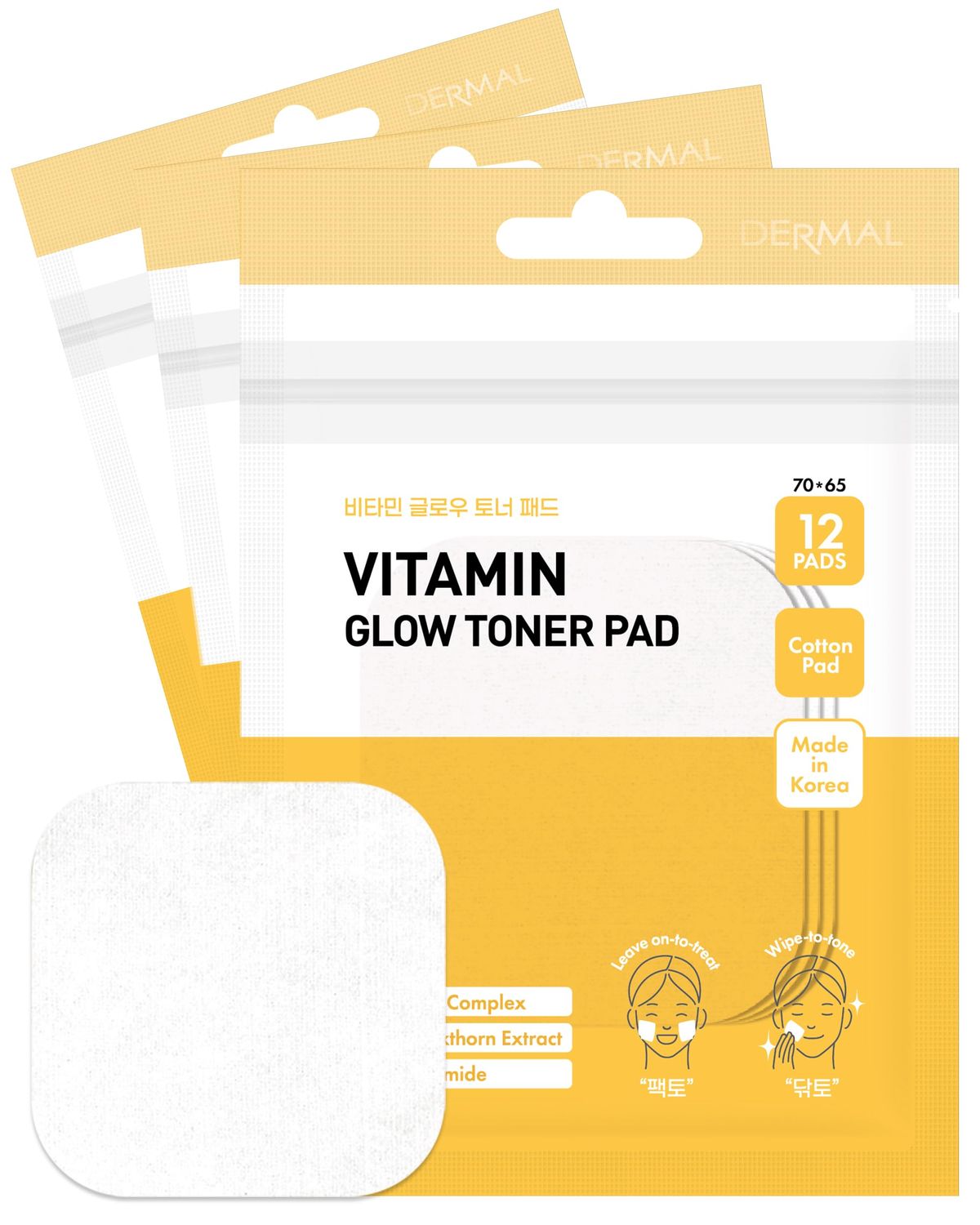 DERMAL Vitamin Toner Pad - Korean Toner Pad for Skin Glow &amp; Vitality Improvement with Vitamin C - Vegan Pure Cotton Square Pads - Travel Kit 12 Pads, 3 Pack (Total 36 Pads)