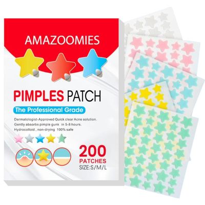 Amazoomies Pimple Patches for Face Hydrocolloid Acne Patch for Covering Zits and Blemishes with Tea Tree Oil, star pimple patches for all Types of Face and Skin, 3 Sizes(10mm, 12mm &amp; 14mm) 200 Count