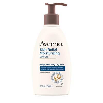 Aveeno Skin Relief 24-Hour Moisturizing Lotion for Sensitive Skin with Natural Shea Butter &amp; Triple Oat Complex, Unscented Therapeutic Lotion for Extra Dry, Itchy Skin, 12 fl. oz