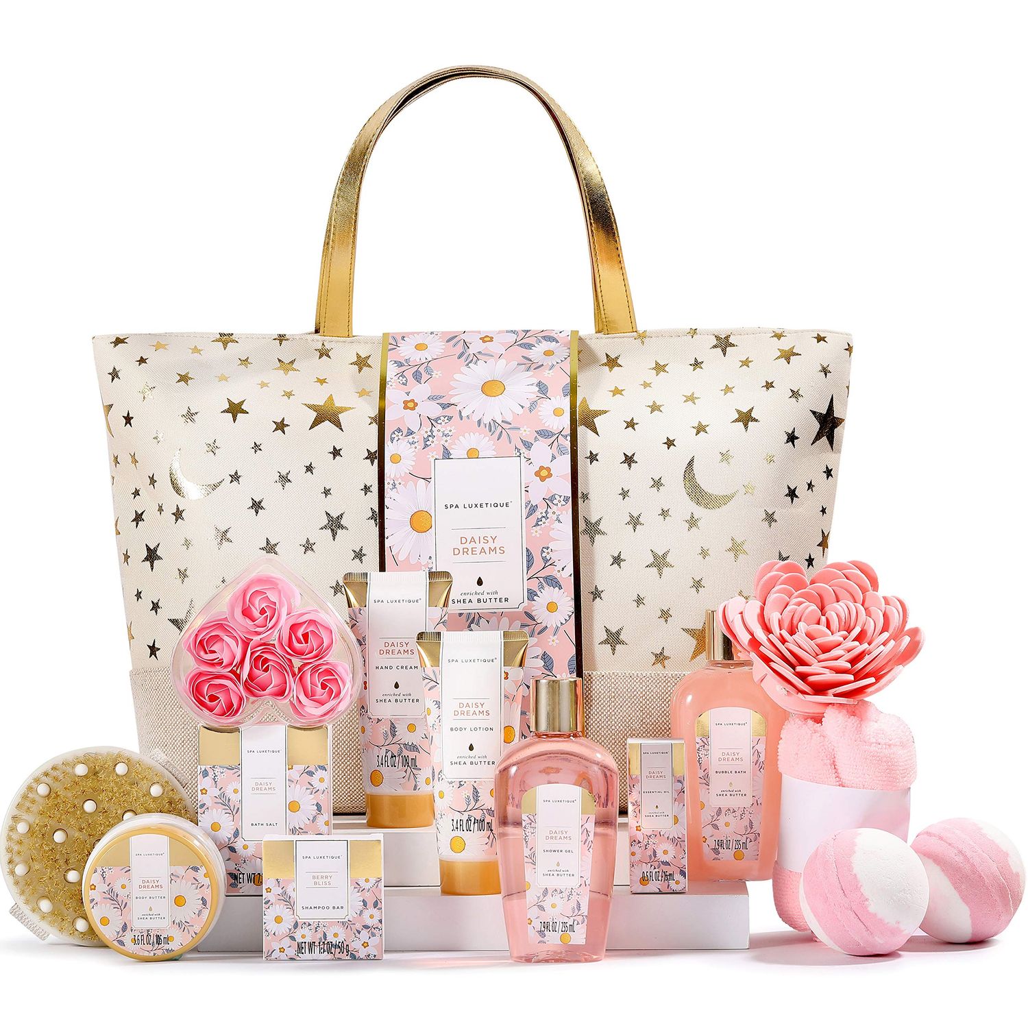 Gift Baskets for Women - Spa Luxetique Womens Gifts, 15pcs Daisy Spa Gift Sets with Bubble Bath, Body Butter, Hand Cream and Tote Bag, Birthday Gifts for Mom, Mothers Day Gifts for Mom