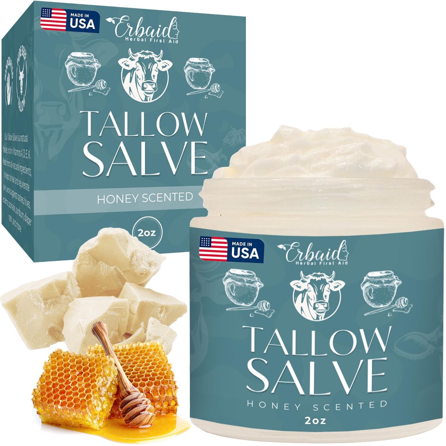 Beef Tallow Salve - All Natural Grass Fed Beef Tallow &amp; Honey All Purpose Balm - Moisturizing Body Salve Great for Eczema, Cracked, Dry, Itchy, Irritated Skin - Skin Repair Skincare Made in USA