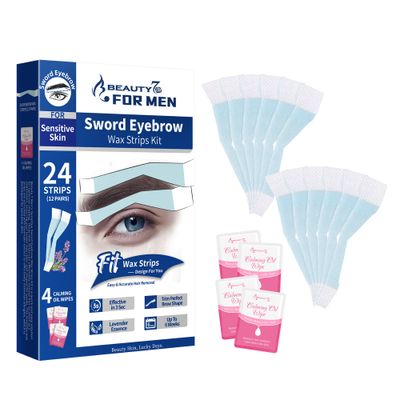 Beauty7 Men&#39;s Sword Eyebrow Wax Strips, Facial Wax Strips, Hair Removal Waxing, at Home Waxing Strips, 24 pcs Strips 4 Calming Oil Wipes, for Sensitive Skin Types for Men