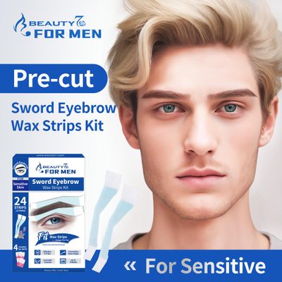 Beauty7 Men's Sword Eyebrow Wax Strips, Facial Wax Strips, Hair Removal Waxing, at Home Waxing Strips, 24 pcs Strips 4 Calming Oil Wipes, for Sensitive Skin Types for Men