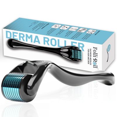 FolliRoll Blue Derma Roller for HAIR, BEARD and SKIN | Microneedle Roller for Men and Women - Beard, Hair and Skin- 540 Needles and FREE Storage Case (0.30mm)