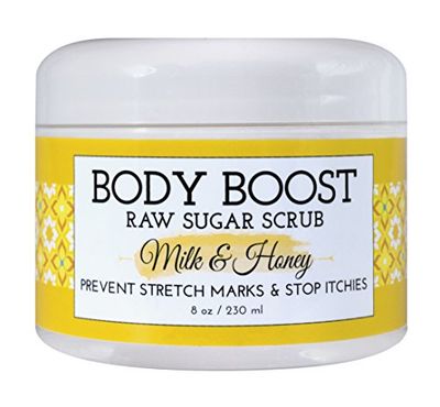 Body Boost Milk &amp; Honey Sugar Scrub 8 oz- Help Prevent Dry Skin, Stretch Marks, and Scars- Pregnancy and Nursing Safe- Allergen Free