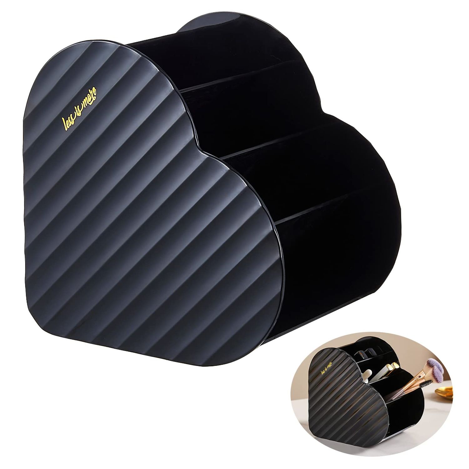 DASITON Large Capacity Makeup Brush Holder Organizer,4 Slot Love Makeup Brushes Cup,Heart shaped Makeup Organizer,for Vanity,Bathroom,Desk Storage Container,Cosmetic Display cases(Black)