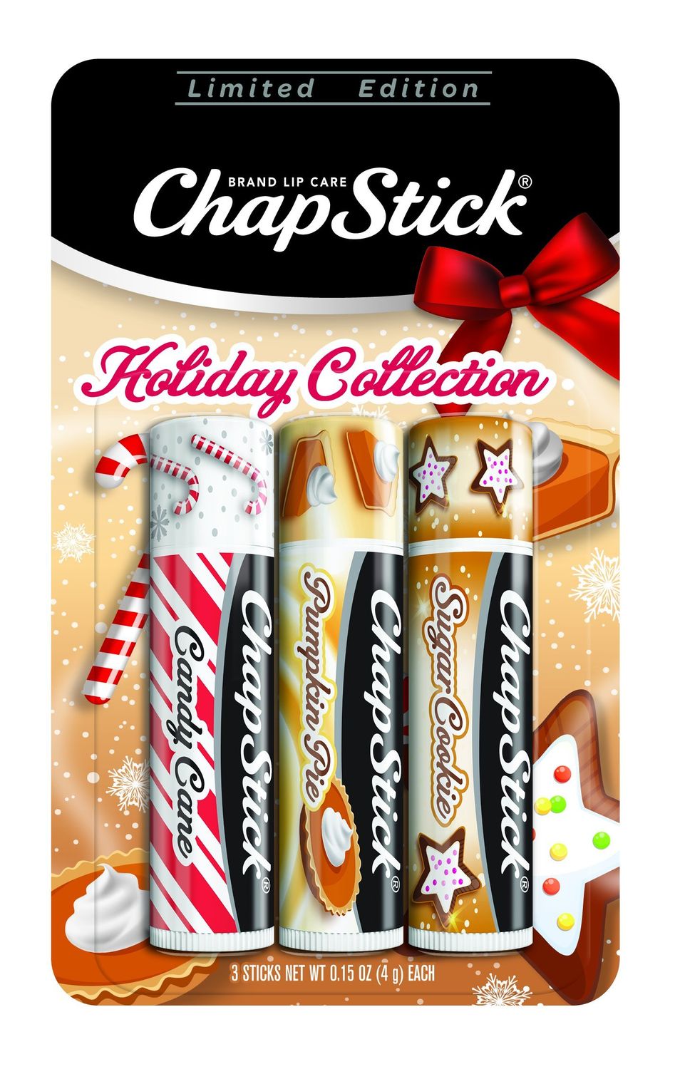 ChapStick Holiday Collection, Lip Balm Tube, 0.15 Ounce Each (Candy Cane, Pumpkin Pie &amp; Sugar Cookie Flavors, 1 Blister Pack of 3 Sticks, Great Gifts for Women