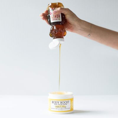 Body Boost Milk &amp; Honey Sugar Scrub 8 oz- Help Prevent Dry Skin, Stretch Marks, and Scars- Pregnancy and Nursing Safe- Allergen Free