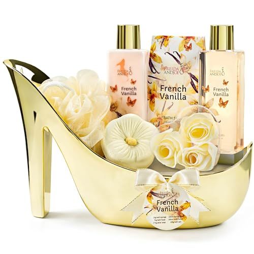 Elegant French Vanilla Bath Set Gold High Heel Shoe Spa Gift for Gifting, Pampering &amp; Home Decor Shower Gel, Body Lotion, Bath Salts, Soap Flower &amp; Many More