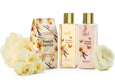 Elegant French Vanilla Bath Set Gold High Heel Shoe Spa Gift for Gifting, Pampering & Home Decor Shower Gel, Body Lotion, Bath Salts, Soap Flower & Many More