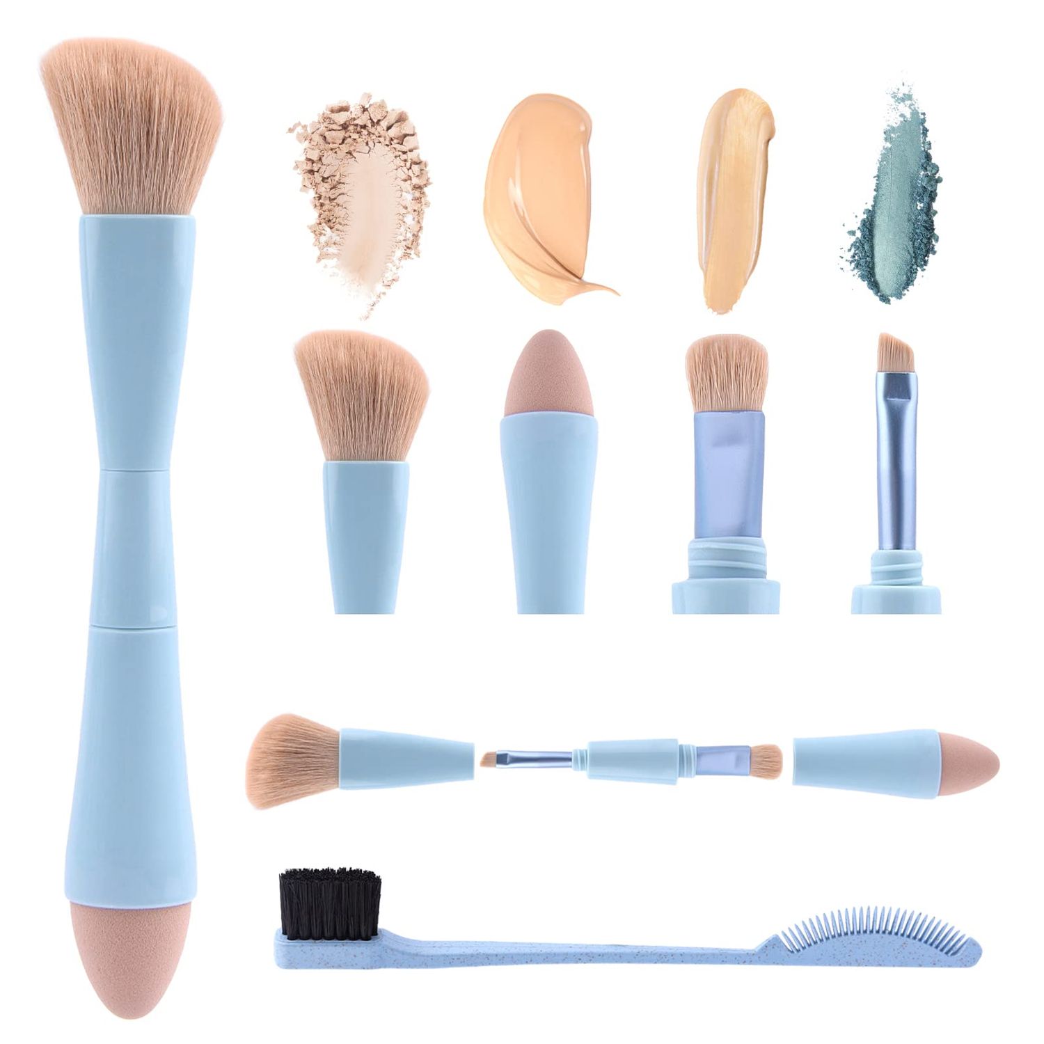 4-in-1 Makeup Brush Portable Travel Make Up Brushes Detachable Makeup Brush Set with Double Head Eyebrow Brush - All-in-One Makeup Sponge, Eyeshadow, Liner &amp; Blush Blending Brush(Blue)