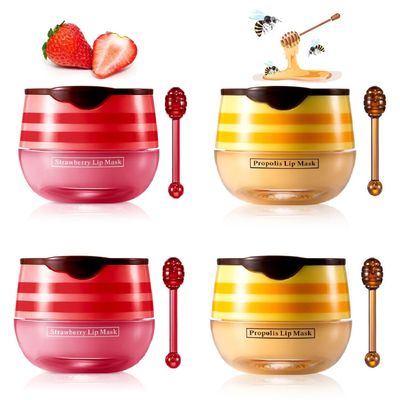 4 Pcs Bee Lip Balm Lip Mask Honey Pot, Honey &amp; Strawberry Lip Mask Propolis Moisturizing Lip Balm Hydrating Prevention Dry and Cracked Lip Scrubs Exfoliator,Reduces Lip Lines.