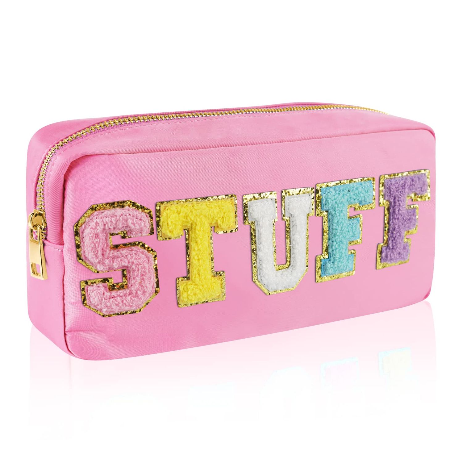 Fine Clutter Preppy Patch Makeup Bag,Nylon Cosmetic Preppy Makeup Stuff Bag with Zipper,Chenille Varsity Letter Stuff Bag,Travel Organizer Make Up Skincare for Women,Teen Girl and Kids(Pink)