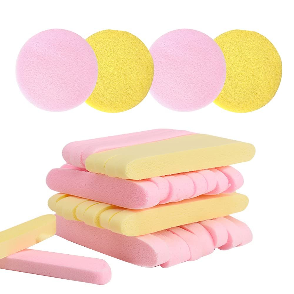 Facial Sponge Compressed,60 Pcs PVA Professional Makeup Removal Wash Round Face Sponges Spa Pads Exfoliating Cleansing for Women,Yellow,Pink