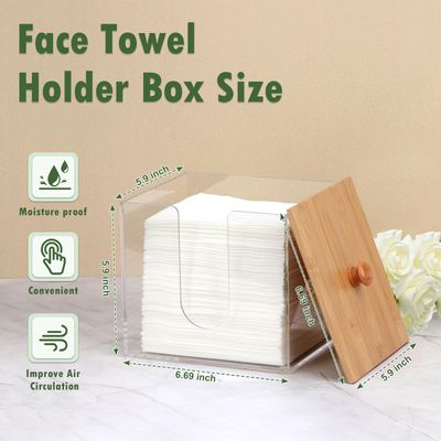 Disposable Face Towel Storage Box with Bamboo Lid XL Acrylic Face Towel Container Facial Towel Holder Clean Towels Box Dryer Sheet Container for Clean Skin Club Face Towels Wipe Bathroom Laundry Room