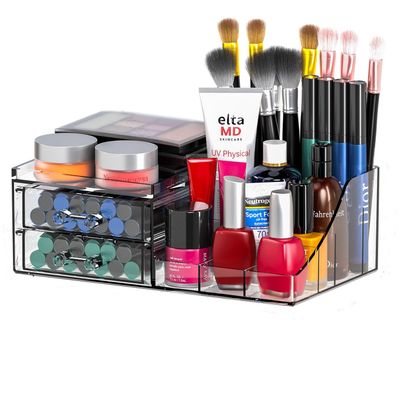 Cq acrylic Clear Makeup Organizer for Vanity,2 Drawers Skincare Organizer,Cute Make up Organizers for Counter,Small Makeup Holder for Skin Care,Hair Clip,Jewelry,Beauty Organizers and Storage,1 Pack