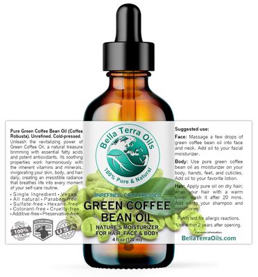 Bella Terra Oils - Green Coffee Bean Oil 4 oz - Rich in Quinic Acid &amp; Lignans, Cold-Pressed from Authentic Coffee Beans, Premium Skin Nourishment
