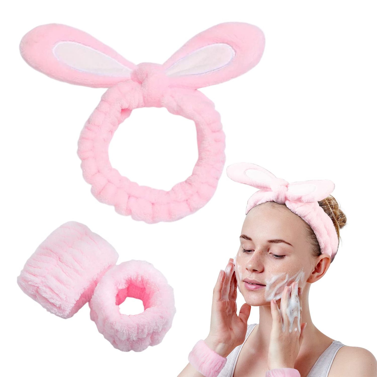 3-Pack Spa Headband and Wristband Set,Soft Plush Makeup Skincare Headband Wrist Bands Cute Bunny Rabbit Ears Face Wash Headband and Towel Wristband Set for Women Girls Washing Face Skin Care (A-Pink)