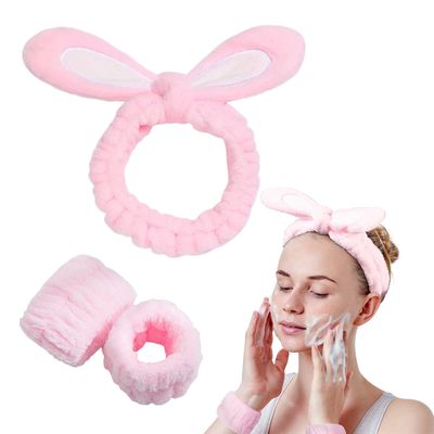 3-Pack Spa Headband and Wristband Set,Soft Plush Makeup Skincare Headband Wrist Bands Cute Bunny Rabbit Ears Face Wash Headband and Towel Wristband Set for Women Girls Washing Face Skin Care (A-Pink)