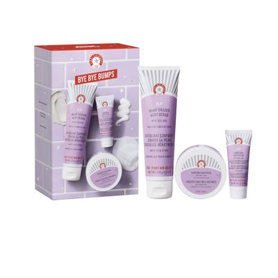 First Aid Beauty - Bye Bye Bumps Kit: KP Bump Eraser Body Scrub, 4 oz, Smoothing Lotion, 1oz, and Ingrown Hair Pads, 28 Pads, Deep Moisture Exfoliating Skin Treatment Set with BHA &amp; AHA, 3ct