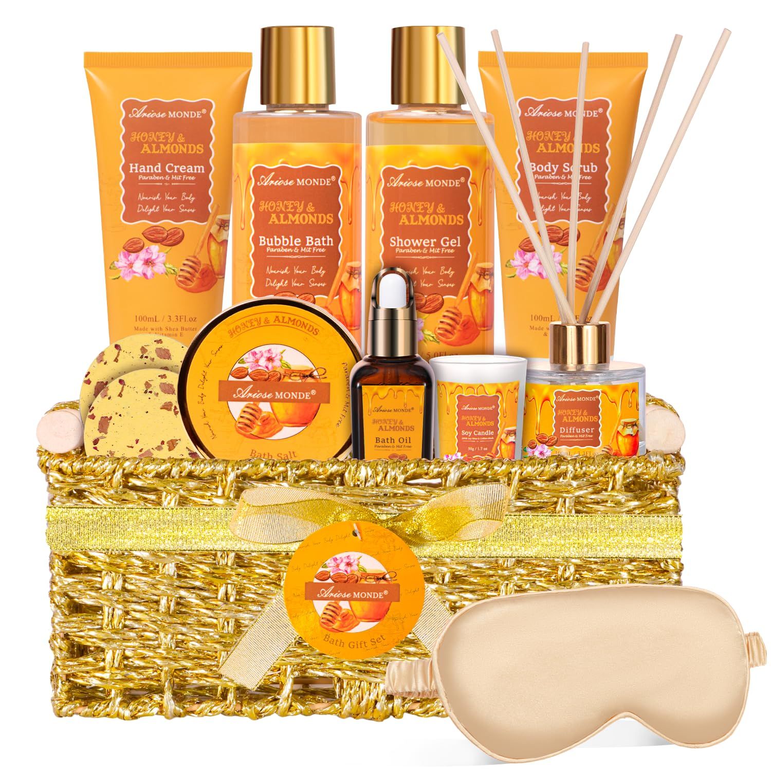 Gifts for Women, Bath and Body Gift Set for Women with 13pcs Honey Almond Scented Spa Gifts for Women, Bath Sets Includes Scented Candle, Shower Steamer, Bubble Bath, Bath Salt. Mothers Day Gifts