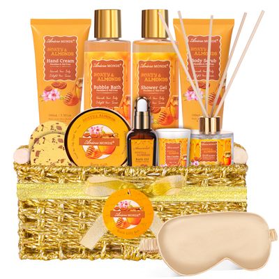 Gifts for Women, Bath and Body Gift Set for Women with 13pcs Honey Almond Scented Spa Gifts for Women, Bath Sets Includes Scented Candle, Shower Steamer, Bubble Bath, Bath Salt. Mothers Day Gifts