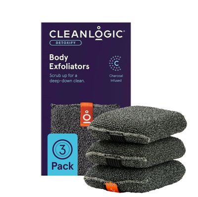 Cleanlogic Detoxify Purifying Charcoal Infused Exfoliating Body Scrubber, Reusable Exfoliator Tool for Smooth and Softer Skin, Daily Skincare Routine, 3 Count Value Pack