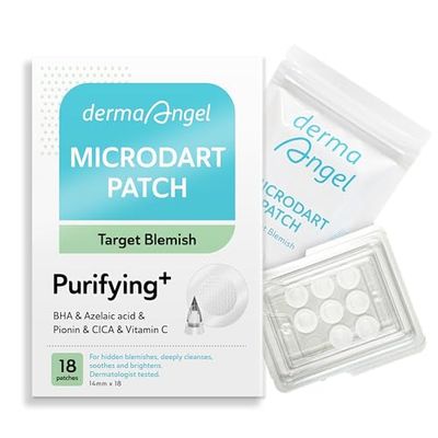 DERMA ANGEL Microdart Acne Patches for Deep Blemishes - 18 Dots - Hydrocolloid Pimple Patch with Salicylic Acid, Azelaic Acid, CICA &amp; Vitamin C - Targets Stubborn Blemishes, Dark Spots &amp; Cystic Acne