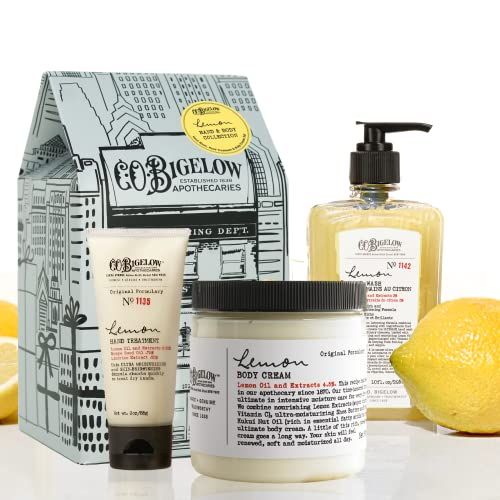 C.O. Bigelow Apothecary Trio, Lemon Hand and Body Care Gift Set of Three (3), Lemon Soap 10fl oz., Body Cream 8 oz., and Hand Treatment, 3oz., Gift Box of Moisturizing Skin Care