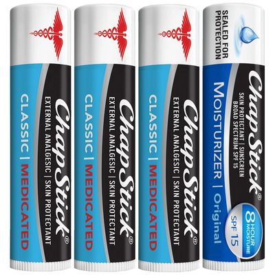 ChapStick Dry Lips &amp; Cold Sore Pain Relief Bundle - Classic Medicated ChapStick 3-Pack + Original Moisturizer Lip Balm with SPF 15, 0.15 Oz Ea (4 Piece Set)
