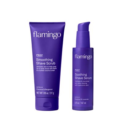 Flamingo Shaving Prep and Post Care Set for Women - Smoothing Shave Prep Scrub and Soothing Post Shave Serum - Glow Shave Collection