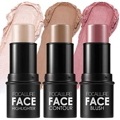 FOCALLURE 3 Pcs Cream Contour Sticks,Shades with Highlighter &amp; Bronzer &amp; Blush,Non-greasy Long-wear Face Contouring Pen,Easy to Sculpt the Face and Create a Lightweight Finishing Makeup,LIGHT-MEDIUM