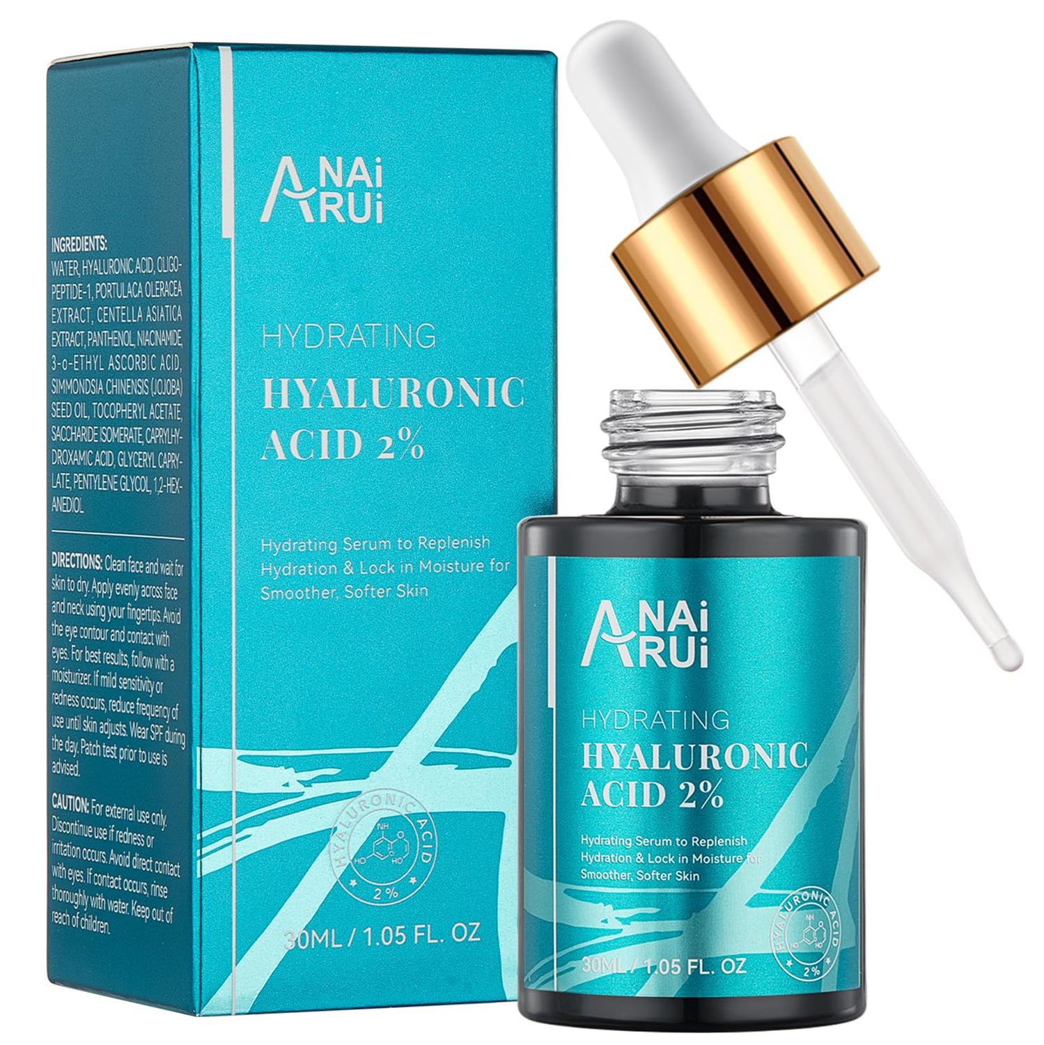 ANAI RUI Hyaluronic Acid Serum for Skin 2% with Vitamin B5, C&amp; E - Intense Hydration + Moisturizer, Plumps &amp; Increase Firmness, Non-greasy, Paraben-free - 1. Fl Oz