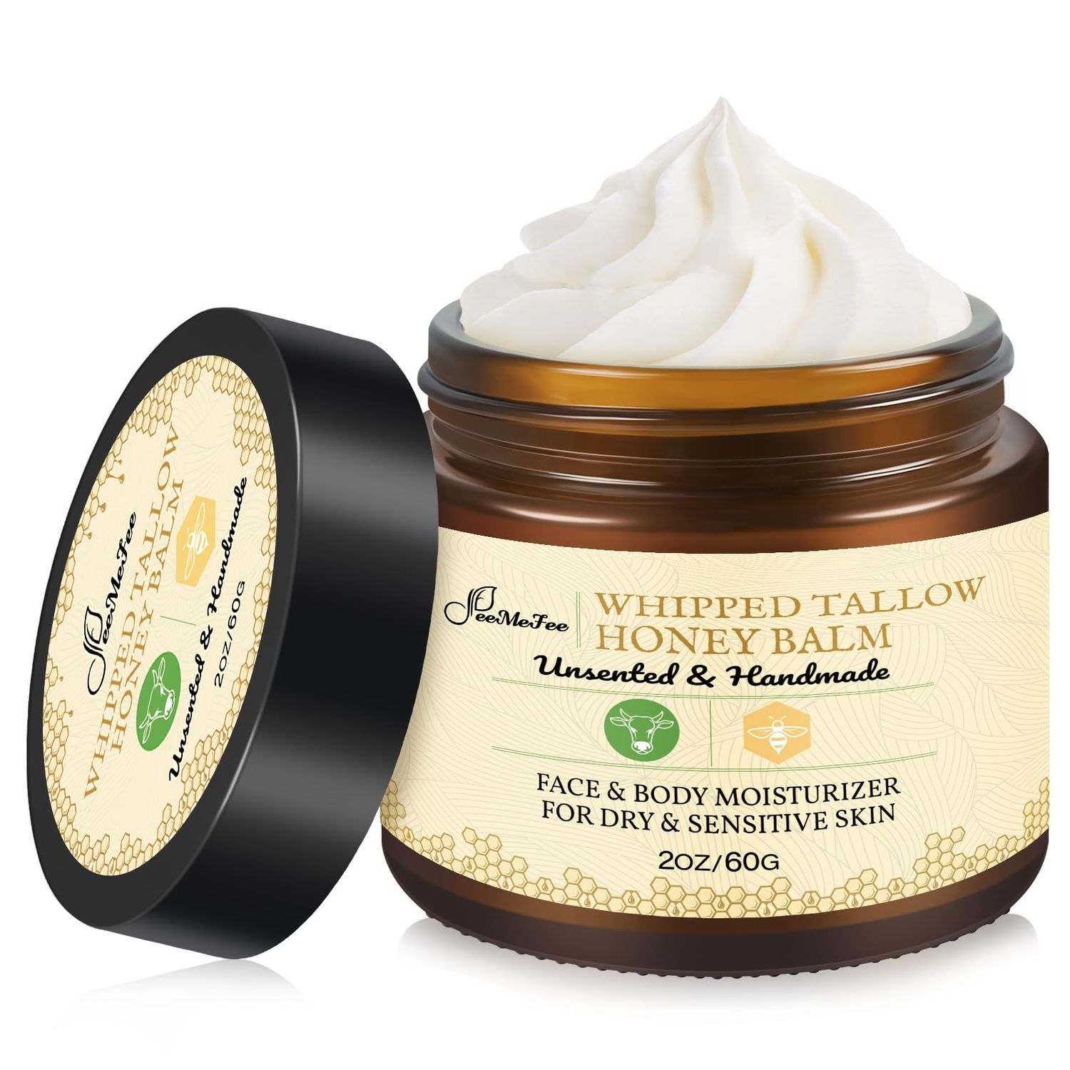 Beef Tallow for Skin 2oz | Tallow And Manuka Honey Balm | Unscented Tallow Face Moisturizer | Beef Tallow for Face | Organic Grass Fed Beef Tallow Balm | Whipped Beef Tallow Lotion Face Cream