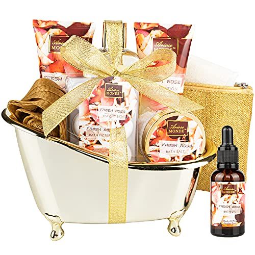 Bath and Body Gift Set for Women &amp; Men, 10 Pcs Spa Gift Basket with Fresh Rose Scent, Includes Shower Gel, Bubble Bath, Body Lotion and Scrub, Bath Salt, Bath Bombs, Bath Puff, Bath Oil