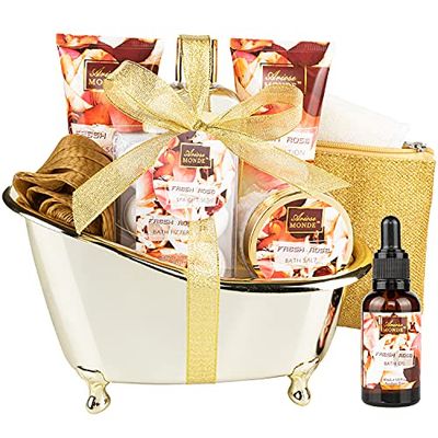 Bath and Body Gift Set for Women &amp; Men, 10 Pcs Spa Gift Basket with Fresh Rose Scent, Includes Shower Gel, Bubble Bath, Body Lotion and Scrub, Bath Salt, Bath Bombs, Bath Puff, Bath Oil