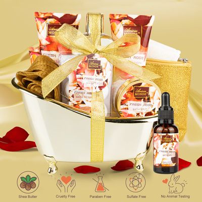 Bath and Body Gift Set for Women &amp; Men, 10 Pcs Spa Gift Basket with Fresh Rose Scent, Includes Shower Gel, Bubble Bath, Body Lotion and Scrub, Bath Salt, Bath Bombs, Bath Puff, Bath Oil