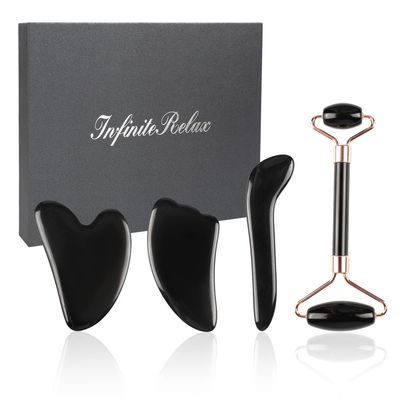Black Obsidian Gua Sha Facial Tools Set of 4- Natural Jade Gua Sha Face Sculpting Tools Face Roller&amp;Gua Sha Tool for Face, Double Chin Jawline Fascia Cellulite Remover&amp; Point Treatment Christmas Gifts