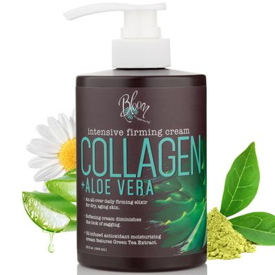 BLOOM Collagen Cream + Aloe Vera Moisturizer Body Lotion &amp; Face Cream | Dry Skin Rescue Collagen Lotion | Skin Tightening Cream | Skin Firming + Tightening Lotion | Body Skin Care Products, 15 Oz