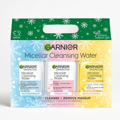 Garnier SkinActive Micellar Holiday Skincare Gift Set, Includes 3 Travel Size Micellar Water Formulas, 100ml Original Micellar Water, Waterproof Micellar Water and Vitamin C Micellar Water, 1 Kit