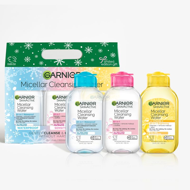 Garnier SkinActive Micellar Holiday Skincare Gift Set, Includes 3 Travel Size Micellar Water Formulas, 100ml Original Micellar Water, Waterproof Micellar Water and Vitamin C Micellar Water, 1 Kit