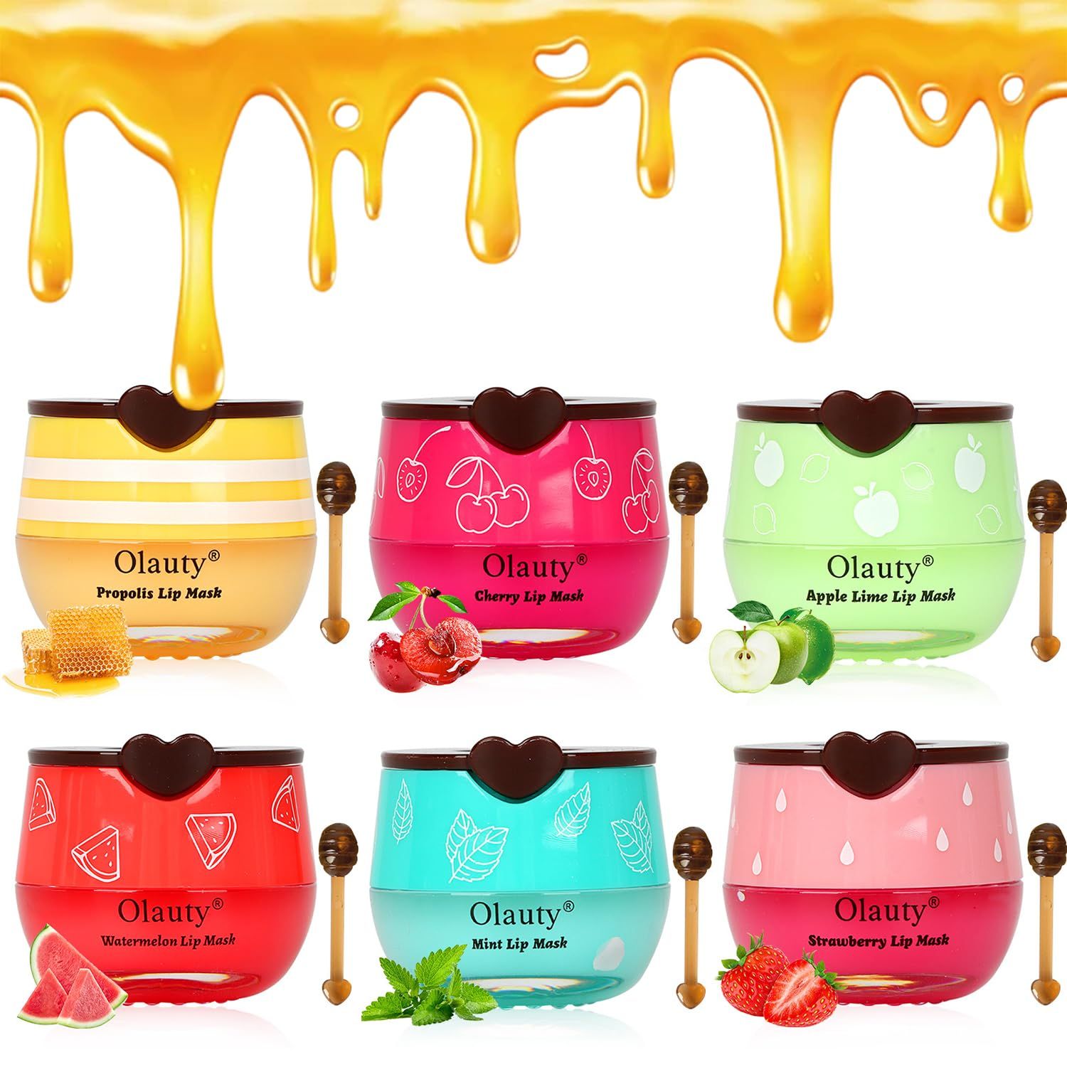 6 PCS Bee Lip Balm Honey Pot, Honey &amp; Strawberry &amp; Watermelon &amp; Apple Lime &amp; Cherry &amp; Mint Lip Sleeping Mask Overnight, Bee Lip Balm Honey Pot Hydrating Prevention Dry and Cracked Lip Scrubs