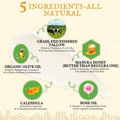 Beef Tallow for Skin 2oz | Tallow And Manuka Honey Balm | Unscented Tallow Face Moisturizer | Beef Tallow for Face | Organic Grass Fed Beef Tallow Balm | Whipped Beef Tallow Lotion Face Cream