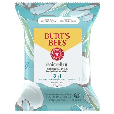 Burt&#39;s Bees Micellar Facial Towelettes With Coconut and Lotus, Pre-Moistened Towelettes for All Skin Types, 99.5 Percent Natural Origin Skin Care, 30 ct. Package