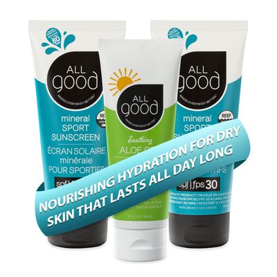 All Good Sport Mineral Sunscreen &amp; Aloe Gel Bundle - UVA/UVB Broad Spectrum SPF 30+, Water Resistant - Includes (2) SPF 30 Sport Sunscreen and (1) Aloe Gel