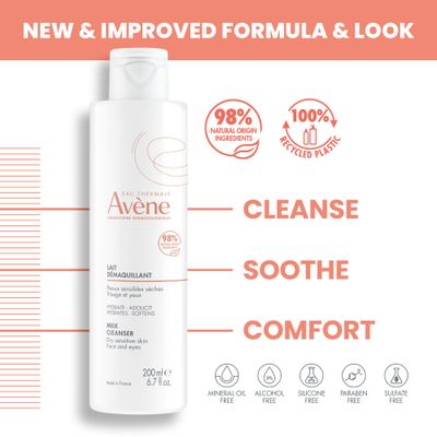 Eau Thermale Avne Gentle Milk Cleanser - Moisturizing, No-Rinse, Soap-Free Cleansing Lotion for Dry, Sensitive Skin - 6.7 fl.oz.