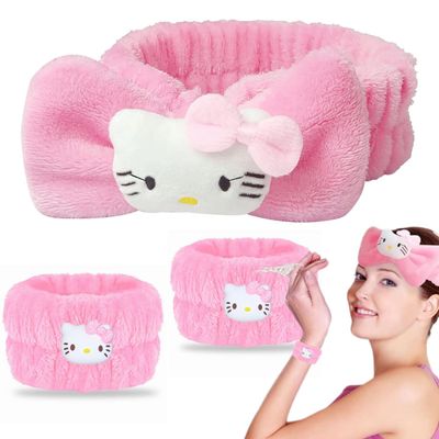 Frumiwca Skincare Headband Spa Headband and Wristband Set for Washing Face Kawaii Kitty Pink Cute Bubble Makeup Headband Kit for Women Knotted Bow Kawaii Skin Care Accessories (3PCS, Pink)