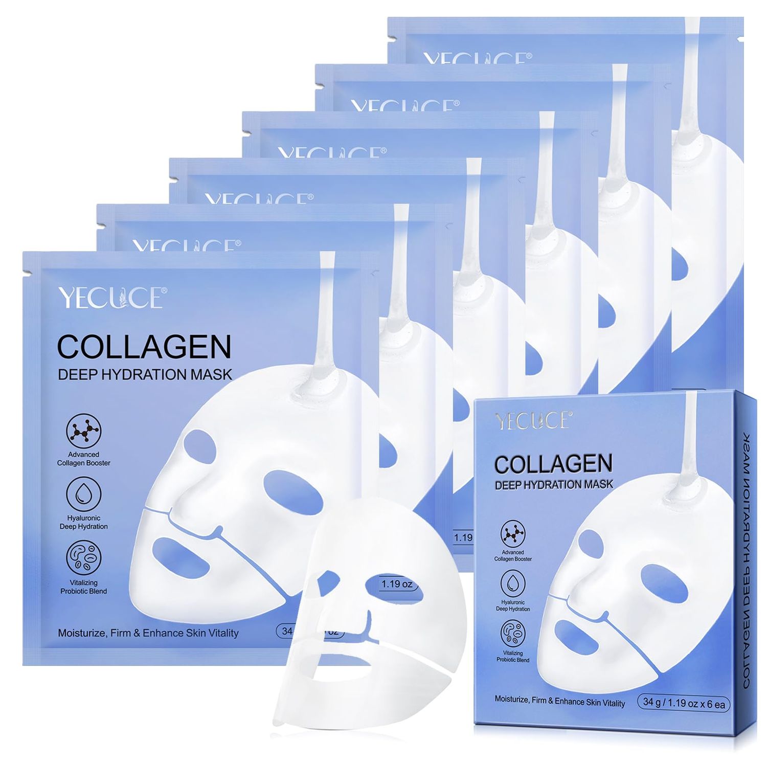 Collagen Face Mask 6P, Collagen Hydrogel Mask, Moisturize, Firm &amp; Enhance Skin Vitality, Pore Minimizing, Elasticity Improvement 6 Packs